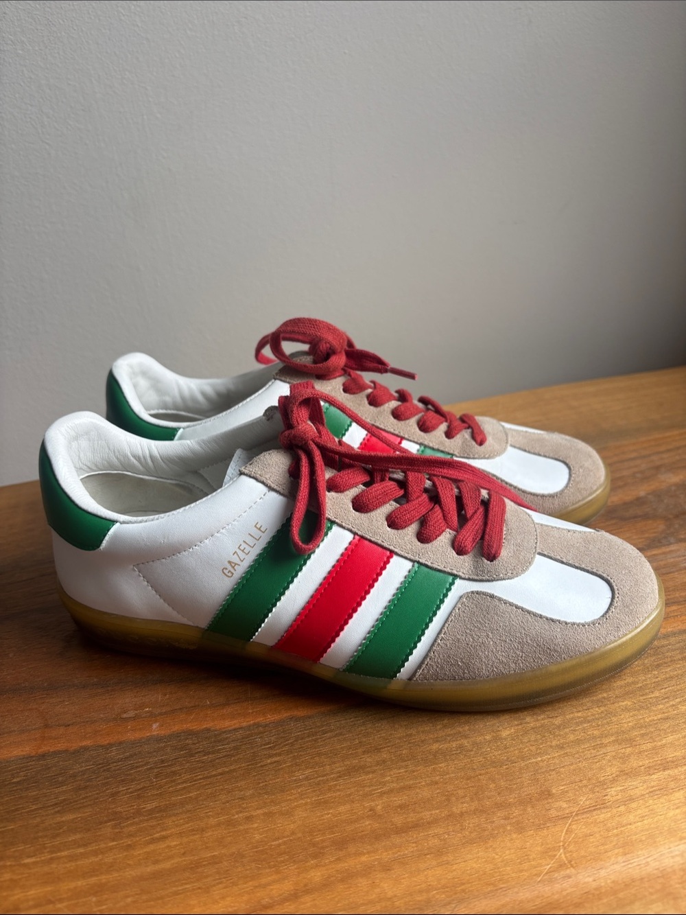 Gucci White Sneakers with Red & Green Stripes and Beige Suede